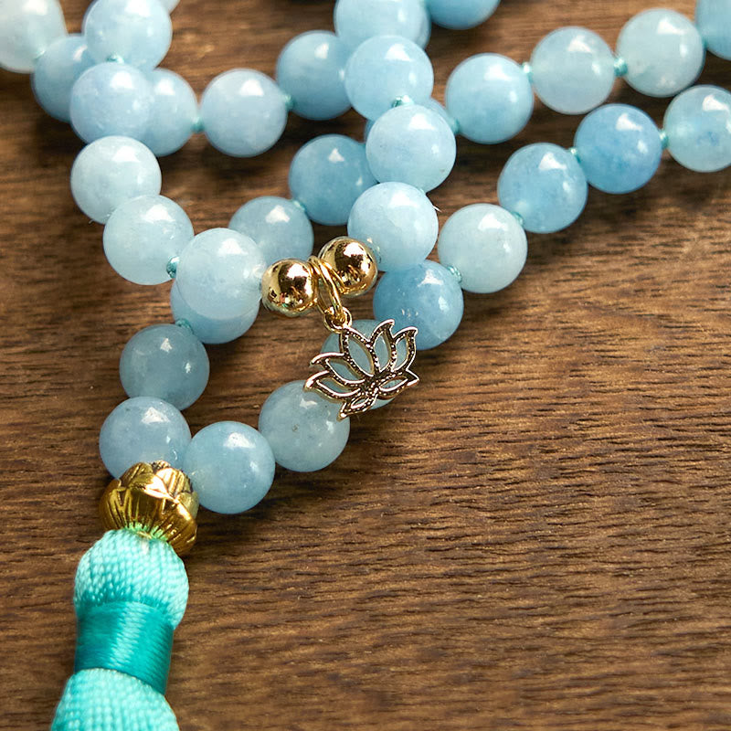 108 Mala Beads Natural Stone Aquamarine Tassel Lotus Bracelet