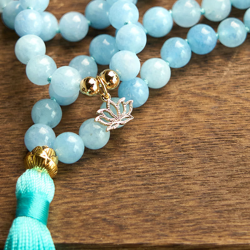 108 Mala Beads Natural Stone Aquamarine Tassel Lotus Bracelet