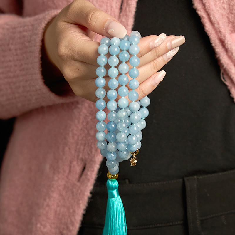 108 Mala Beads Natural Stone Aquamarine Tassel Lotus Bracelet