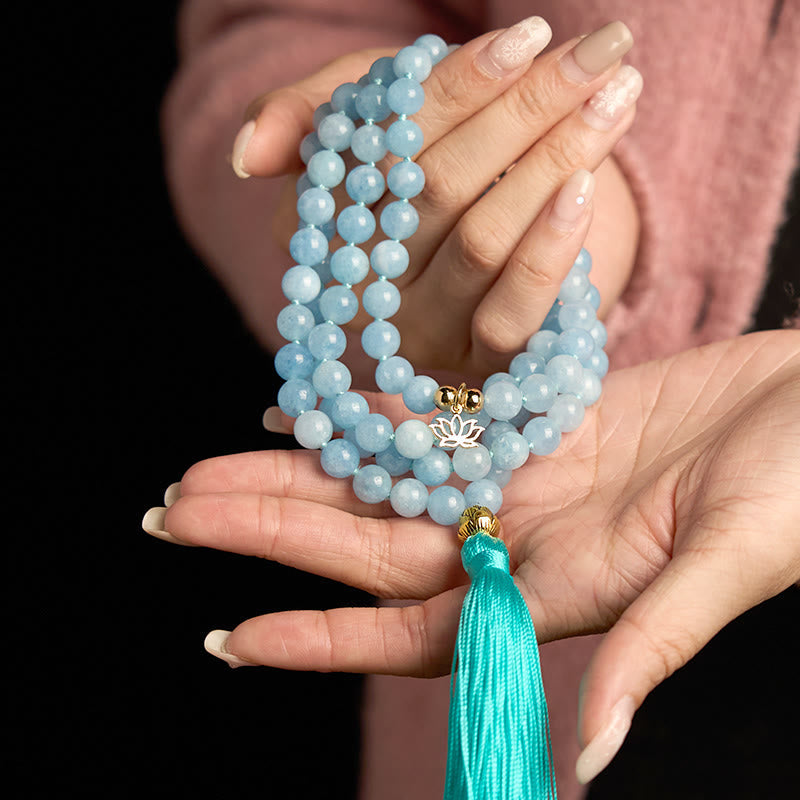 108 Mala Beads Natural Stone Aquamarine Tassel Lotus Bracelet