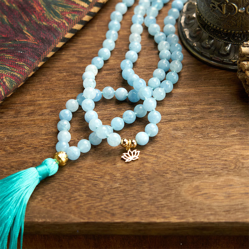 108 Mala Beads Natural Stone Aquamarine Tassel Lotus Bracelet
