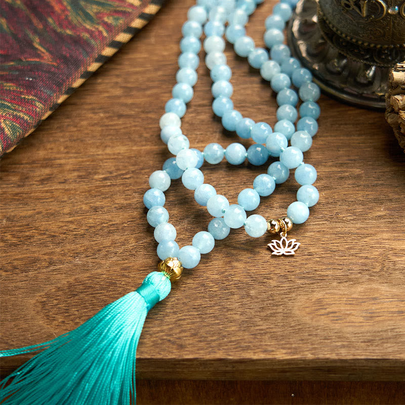 108 Mala Beads Natural Stone Aquamarine Tassel Lotus Bracelet