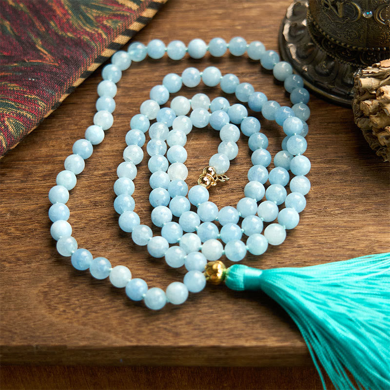108 Mala Beads Natural Stone Aquamarine Tassel Lotus Bracelet