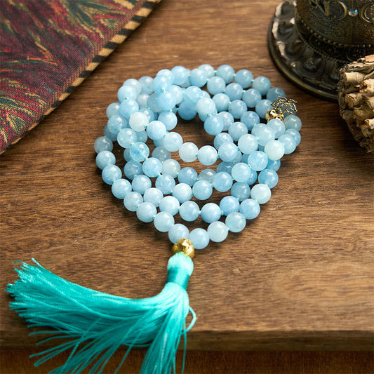 108 Mala Beads Natural Stone Aquamarine Tassel Lotus Bracelet