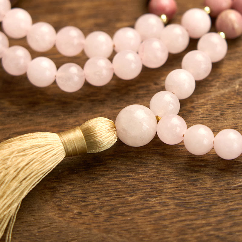 108 Mala Beads Rhodonite Rose Quartz Tassel Bracelet