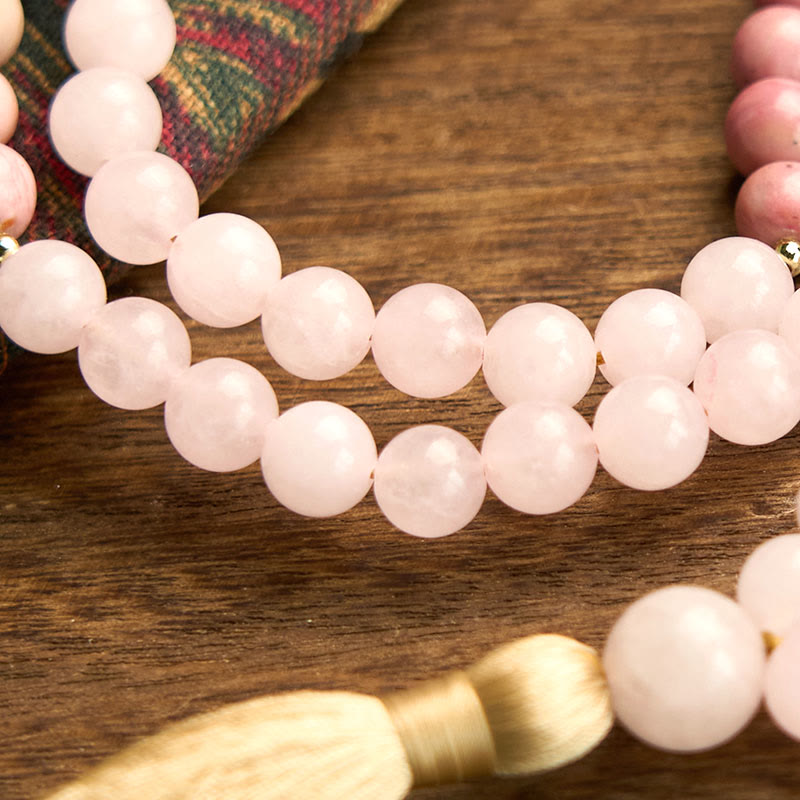 108 Mala Beads Rhodonite Rose Quartz Tassel Bracelet