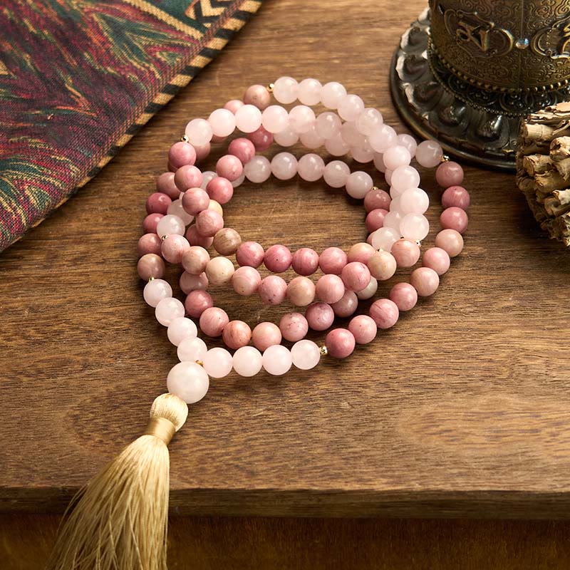 108 Mala Beads Rhodonite Rose Quartz Tassel Bracelet