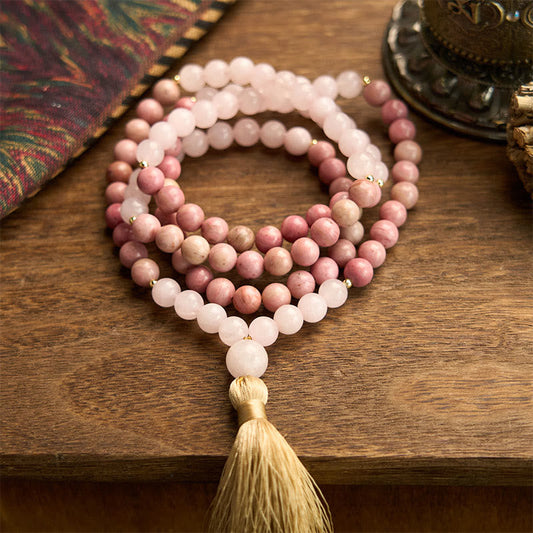 108 Mala Beads Rhodonite Rose Quartz Tassel Bracelet
