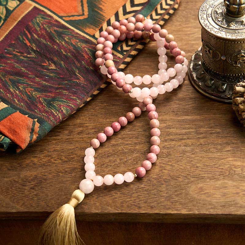 108 Mala Beads Rhodonite Rose Quartz Tassel Bracelet