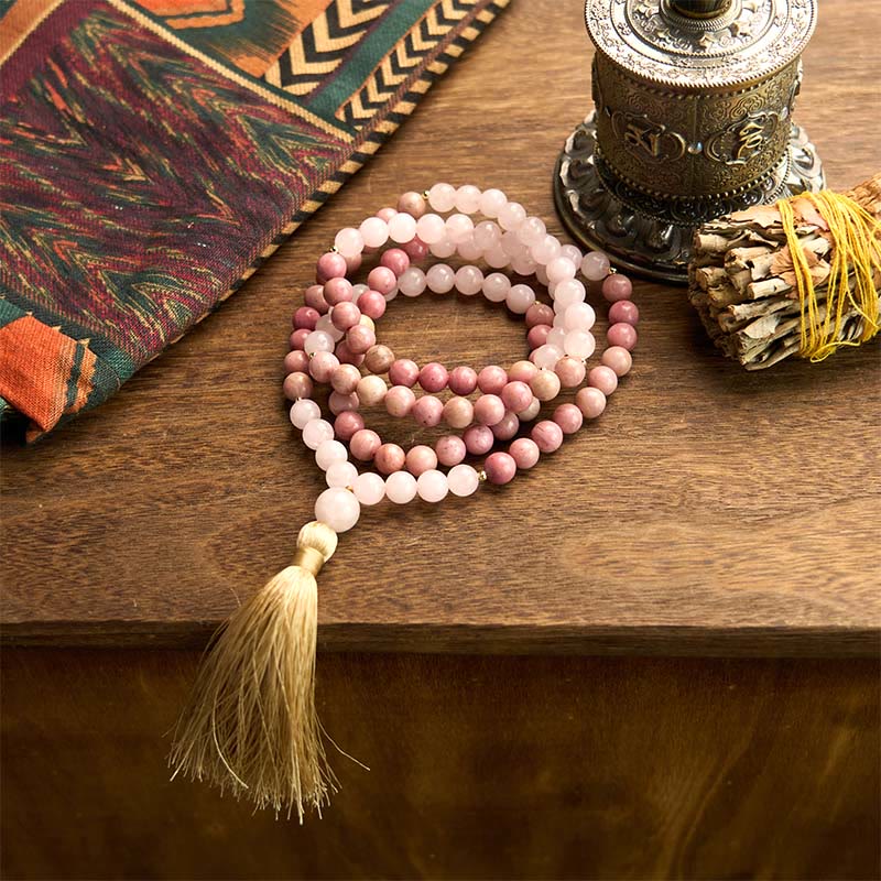 108 Mala Beads Rhodonite Rose Quartz Tassel Bracelet