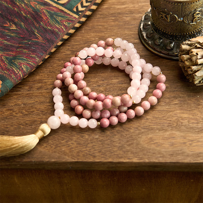 108 Mala Beads Rhodonite Rose Quartz Tassel Bracelet