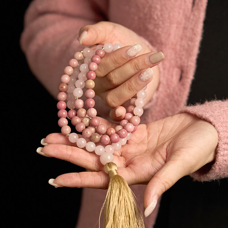 108 Mala Beads Rhodonite Rose Quartz Tassel Bracelet