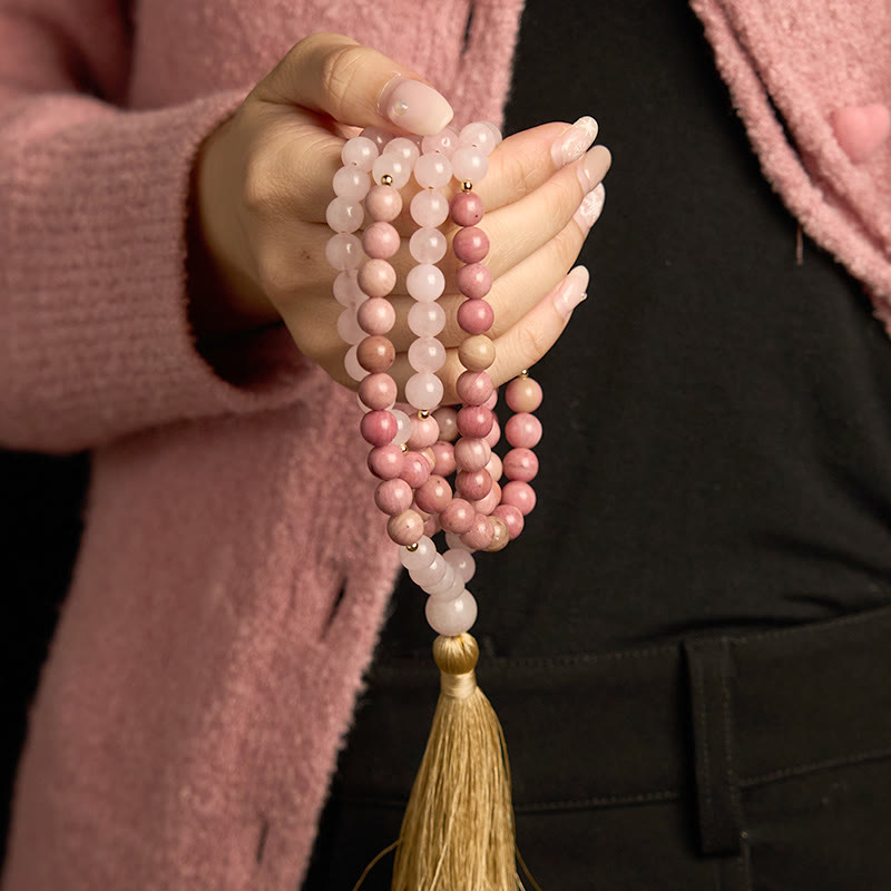 108 Mala Beads Rhodonite Rose Quartz Tassel Bracelet