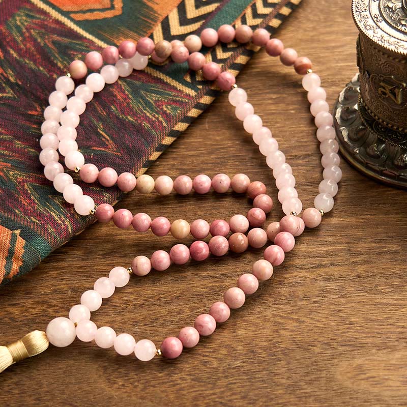 108 Mala Beads Rhodonite Rose Quartz Tassel Bracelet