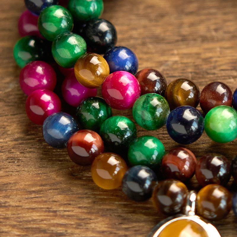 108 Mala Beads Natural Colorful Tiger Eye Stone Multi-turn Protection Bracelet