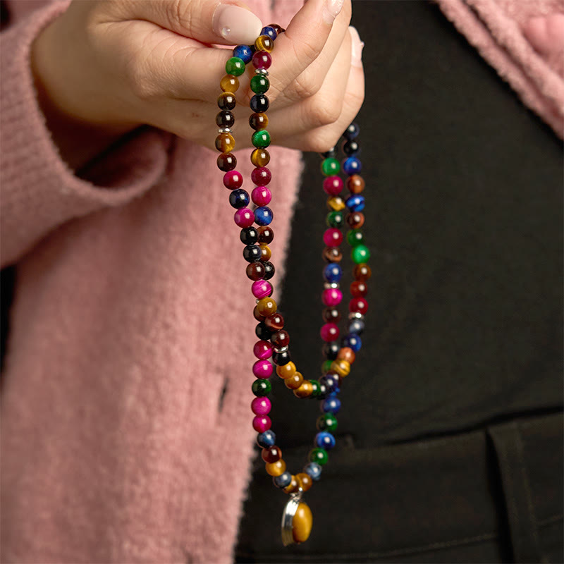 108 Mala Beads Natural Colorful Tiger Eye Stone Multi-turn Protection Bracelet