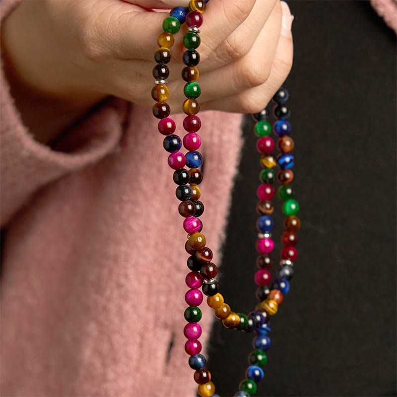 108 Mala Beads Natural Colorful Tiger Eye Stone Multi-turn Protection Bracelet