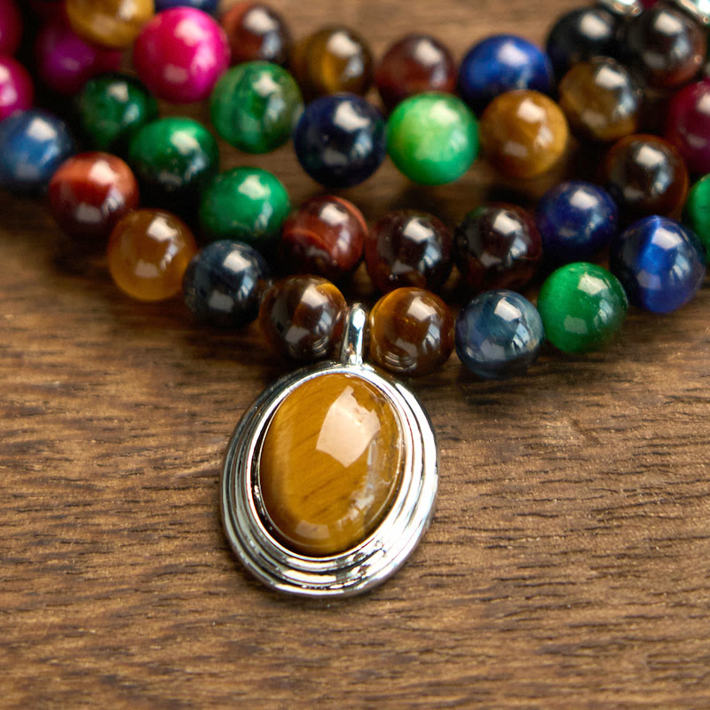108 Mala Beads Natural Colorful Tiger Eye Stone Multi-turn Protection Bracelet