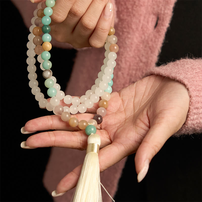 108 Mala Beads Natural White Jade Amazonite White Tassel Bracelet