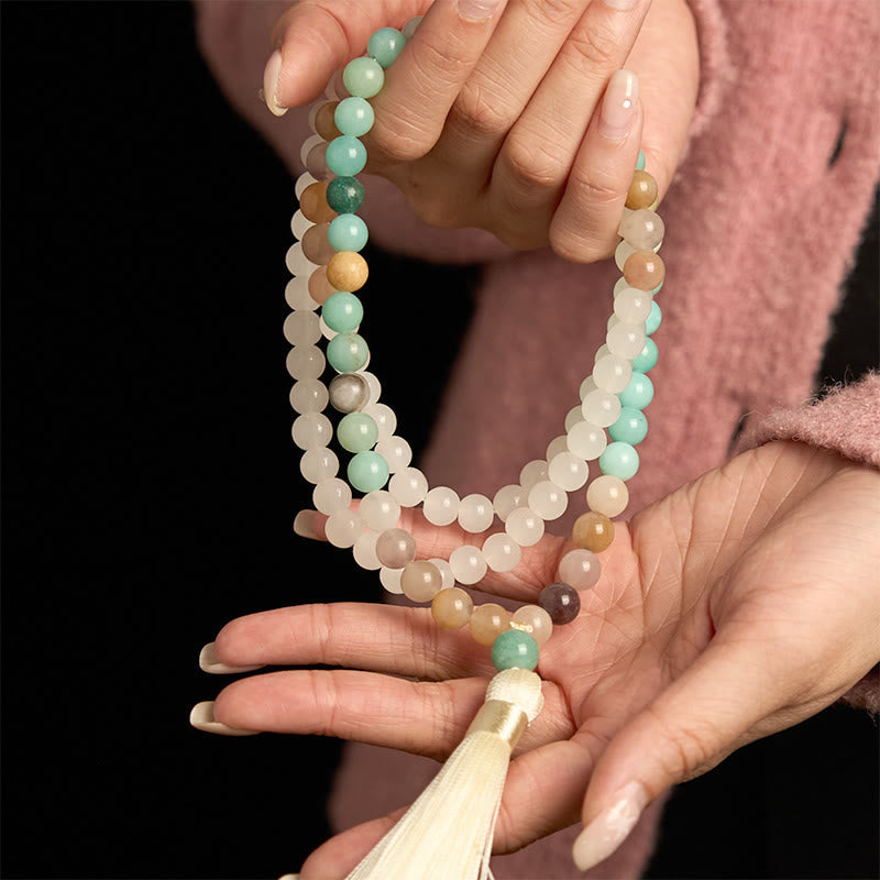 108 Mala Beads Natural White Jade Amazonite White Tassel Bracelet
