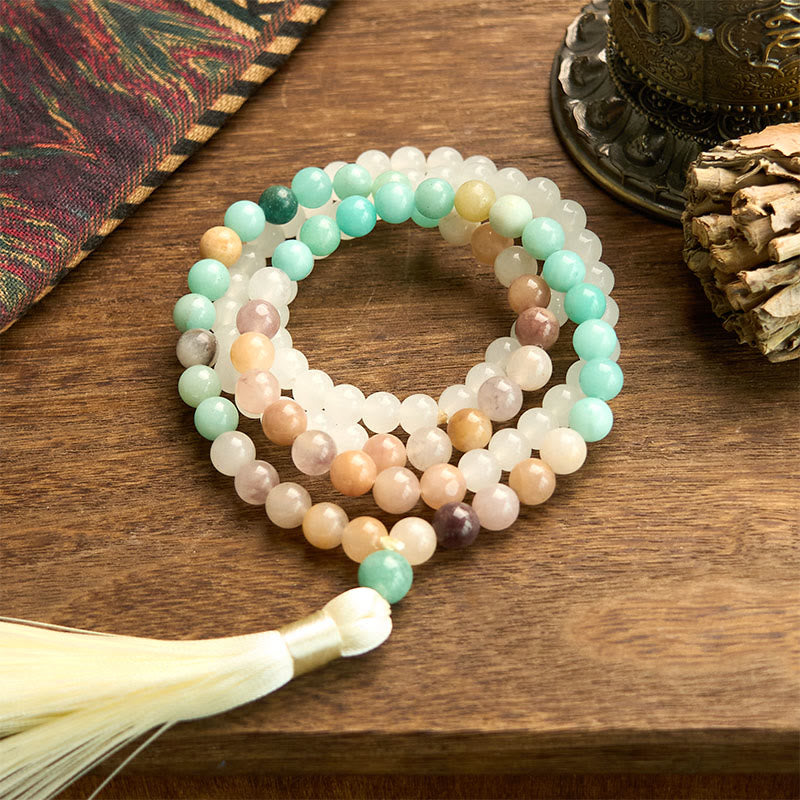 108 Mala Beads Natural White Jade Amazonite White Tassel Bracelet