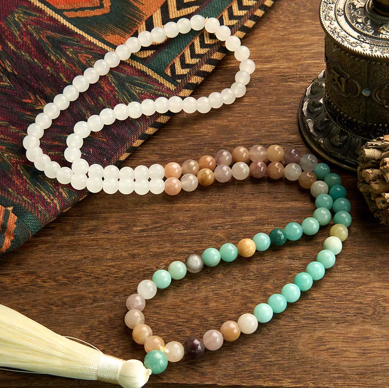 108 Mala Beads Natural White Jade Amazonite White Tassel Bracelet