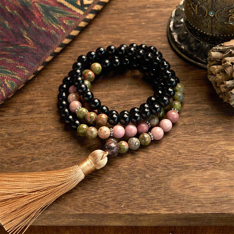 108 Mala Beads Black Jasper Rhodonite Khaki Tassel Bracelet