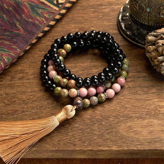 108 Mala Beads Black Jasper Rhodonite Khaki Tassel Bracelet