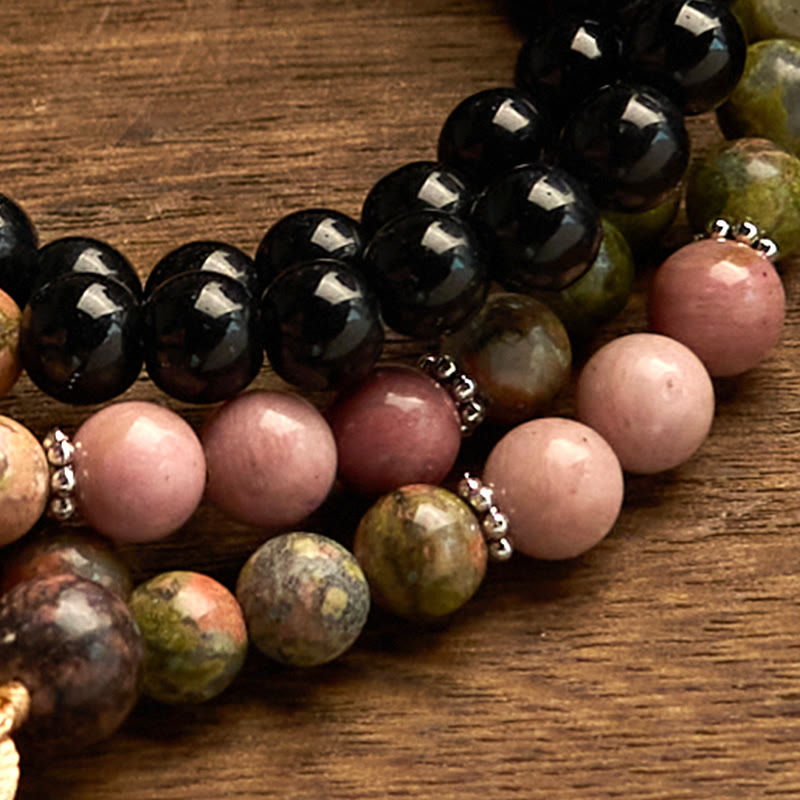 108 Mala Beads Black Jasper Rhodonite Khaki Tassel Bracelet