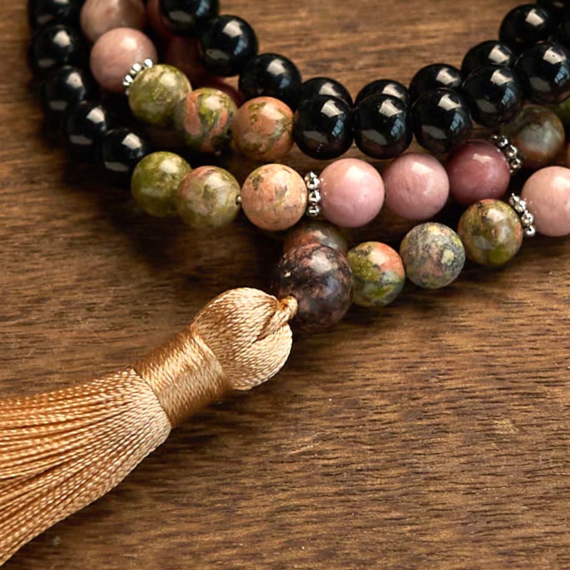 108 Mala Beads Black Jasper Rhodonite Khaki Tassel Bracelet