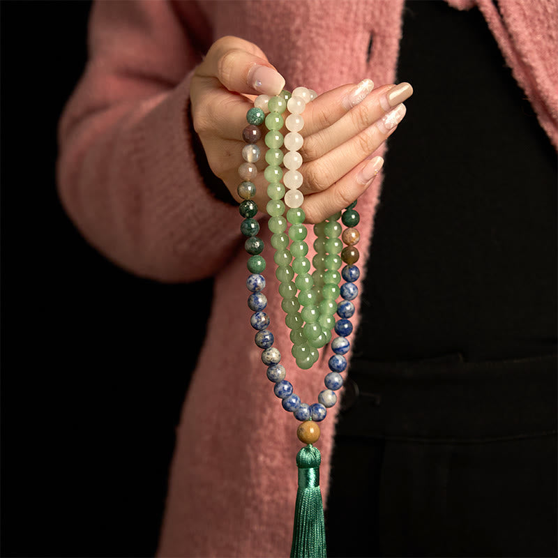 108 Mala Beads Natural Green Aventurine Blue Spot Jasper Indian Agate Green Tassel Luck Bracelet