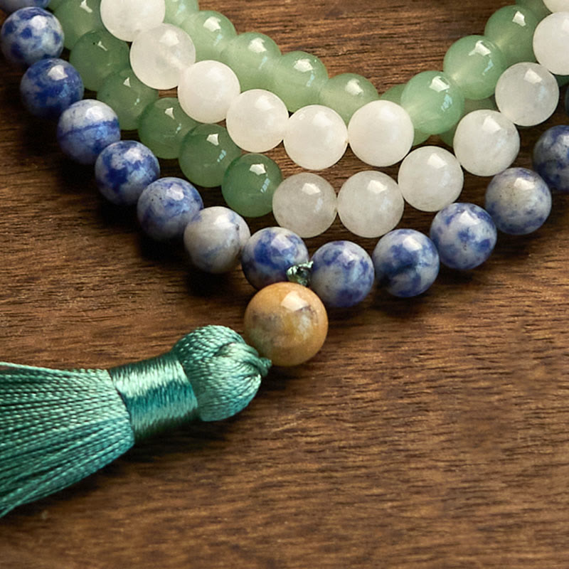 108 Mala Beads Natural Green Aventurine Blue Spot Jasper Indian Agate Green Tassel Luck Bracelet