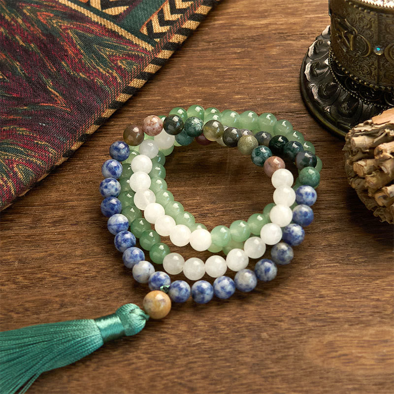 108 Mala Beads Natural Green Aventurine Blue Spot Jasper Indian Agate Green Tassel Luck Bracelet