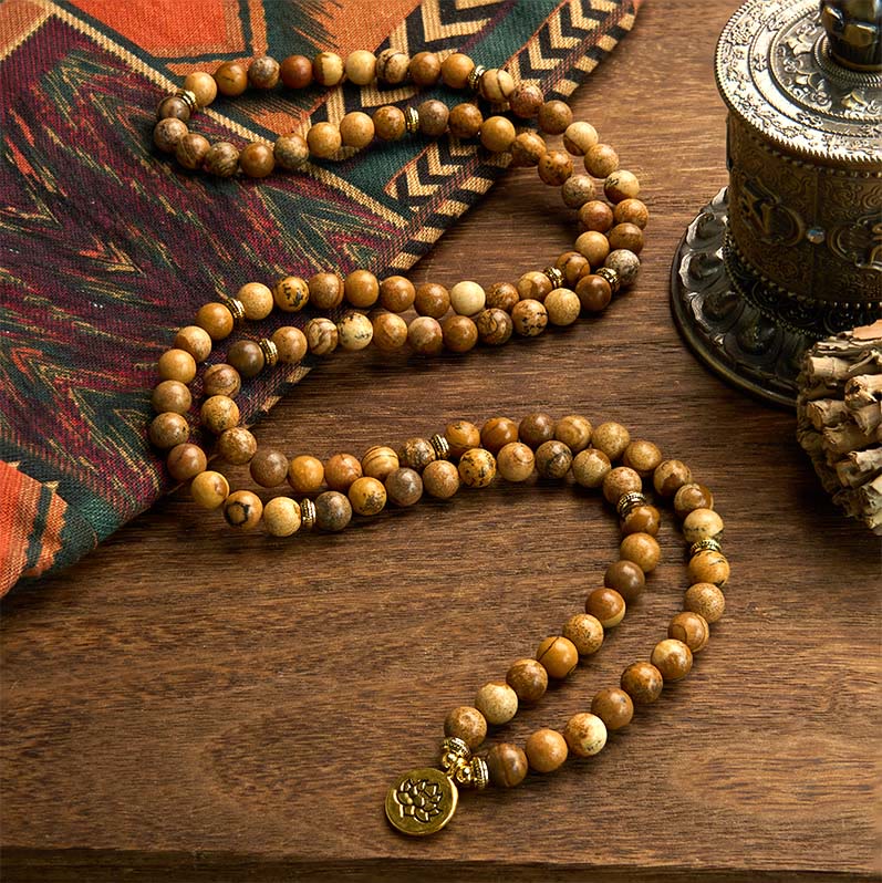 108 Beads Picture Jasper Mala Lotus Courage Bracelet