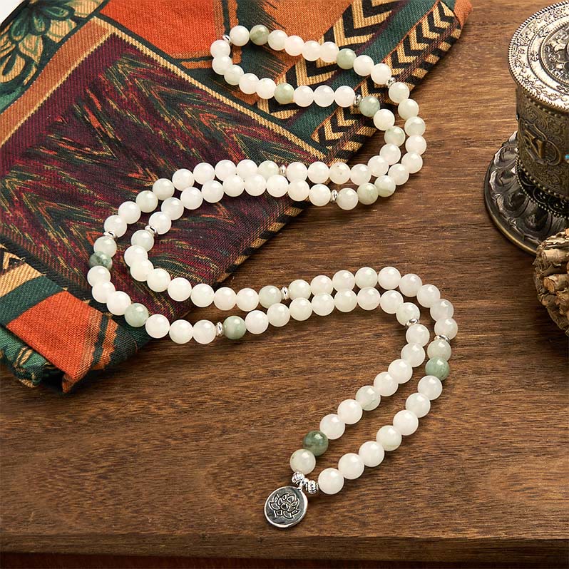 108 Mala Beads Natural Tianshan Jade Lotus Luck Bracelet