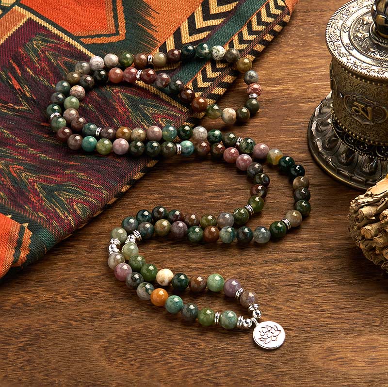 108 Mala Beads Natural Stone Indian Agate Lotus Calm Bracelet