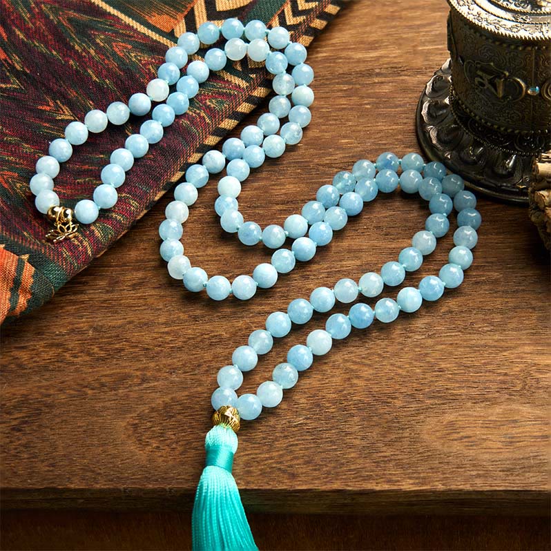 108 Mala Beads Natural Stone Aquamarine Tassel Lotus Bracelet