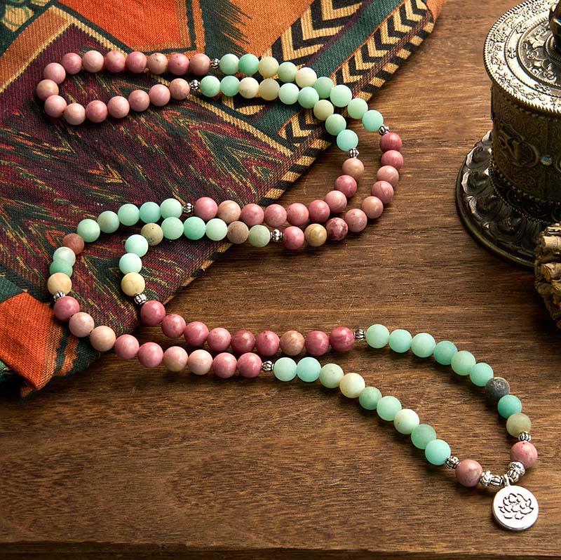 108 Mala Beads Rhodonite Amazonite Lotus Bracelet