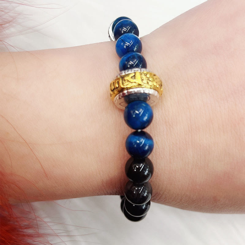 Silver Sheen Obsidian Blue Tiger Eye Om Mani Padme Hum Protection Bracelet