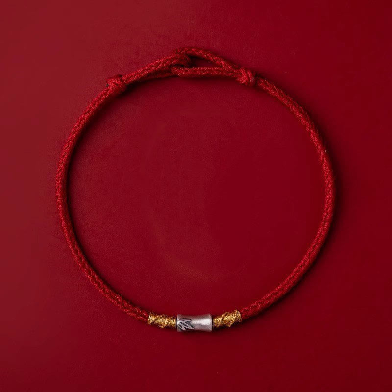 Handmade 925 Sterling Silver Bamboo Design Red String Luck Braided Bracelet