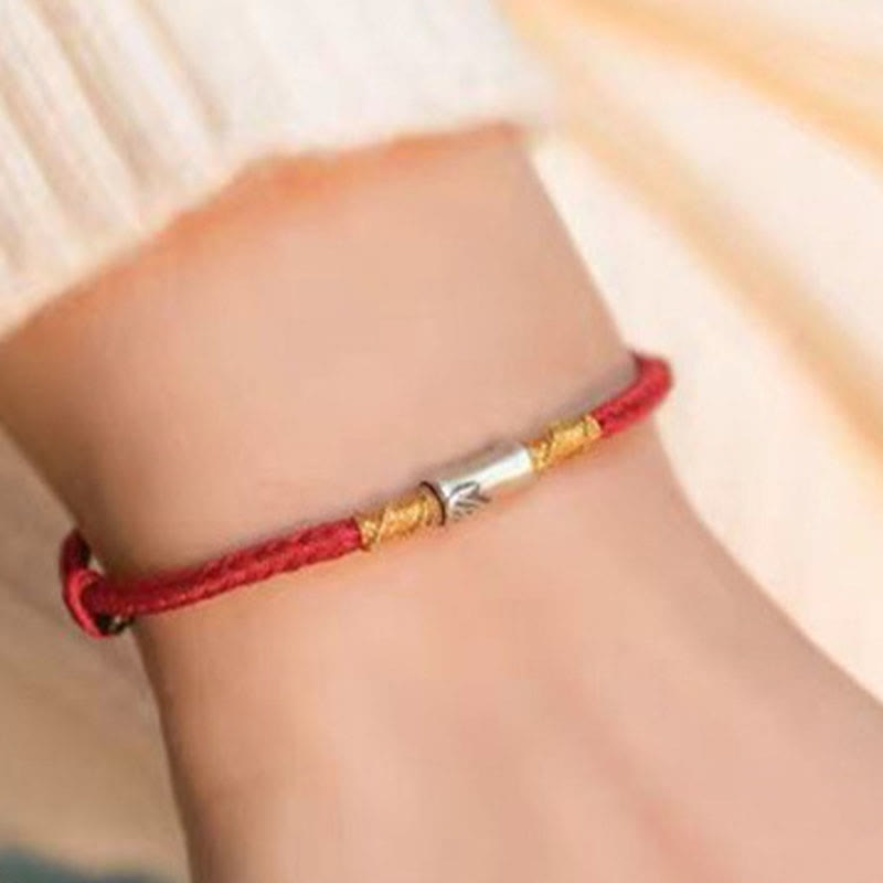 Handmade 925 Sterling Silver Bamboo Design Red String Luck Braided Bracelet