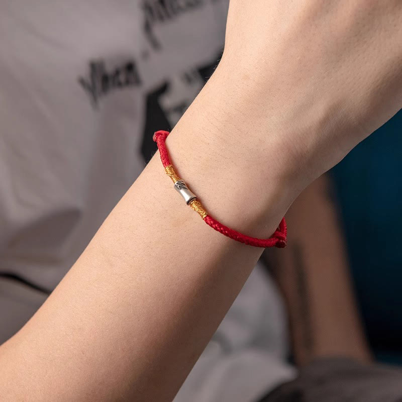 Handmade 925 Sterling Silver Bamboo Design Red String Luck Braided Bracelet
