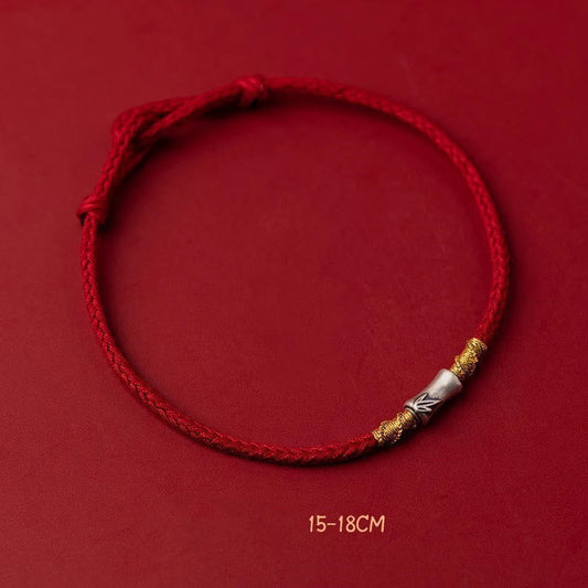 Handmade 925 Sterling Silver Bamboo Design Red String Luck Braided Bracelet