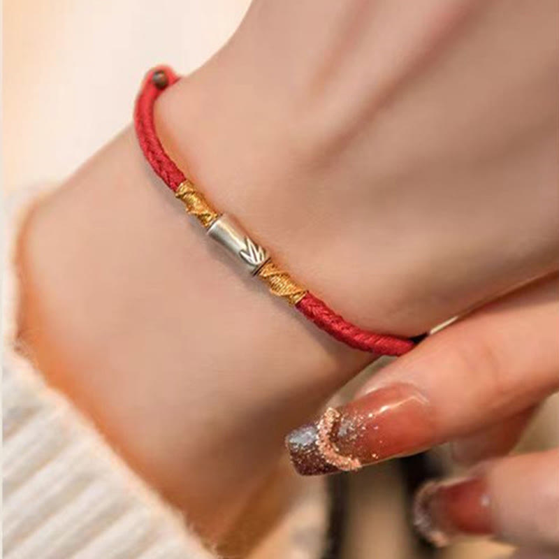 Handmade 925 Sterling Silver Bamboo Design Red String Luck Braided Bracelet