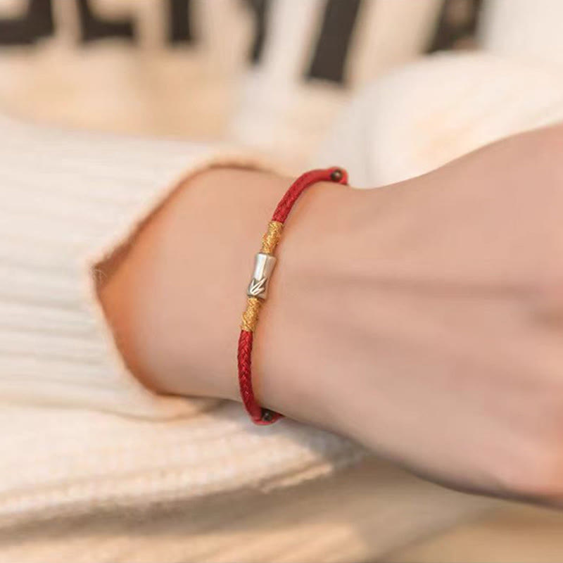 Handmade 925 Sterling Silver Bamboo Design Red String Luck Braided Bracelet