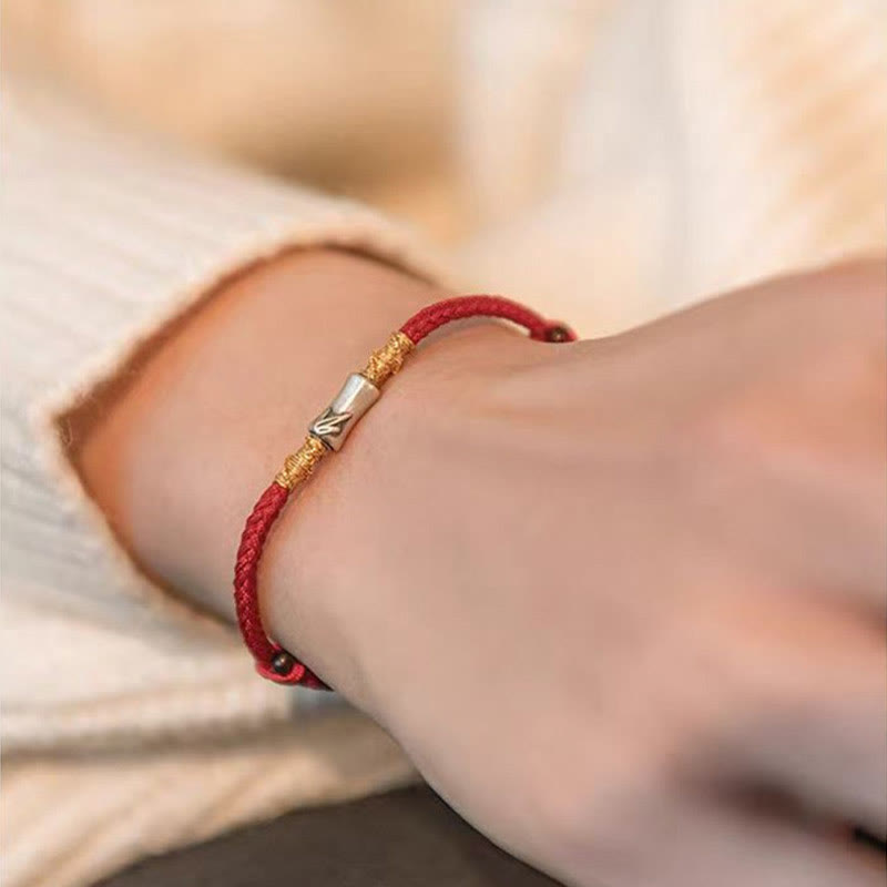Handmade 925 Sterling Silver Bamboo Design Red String Luck Braided Bracelet