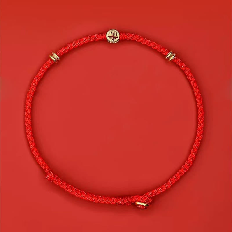 Handmade Braided Red String 925 Sterling Silver Fu Character Luck Bracelet