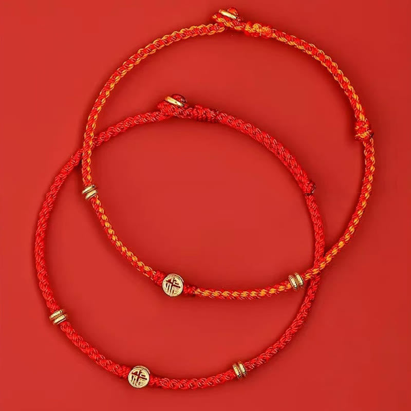 Handmade Braided Red String 925 Sterling Silver Fu Character Luck Bracelet