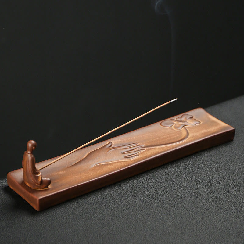 Fisherman Fishing Boat Bamboo Person Hand Lotus Spiritual Ceramic Stick Incense Burner Decoration