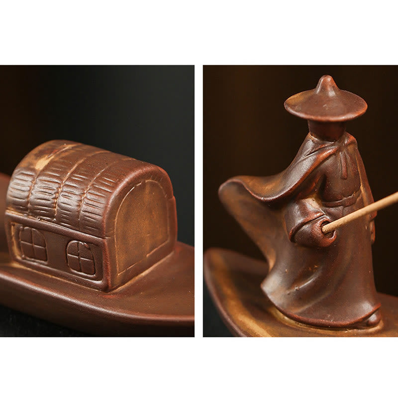 Fisherman Fishing Boat Bamboo Person Hand Lotus Spiritual Ceramic Stick Incense Burner Decoration